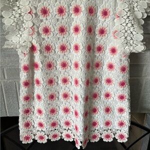 J. Crew Pink and White Cropped Embellished Blouse